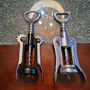 2 Vtg silver Winged Wine Corkscrew & Bottle Opener Barware Tool MADE IN ITALY